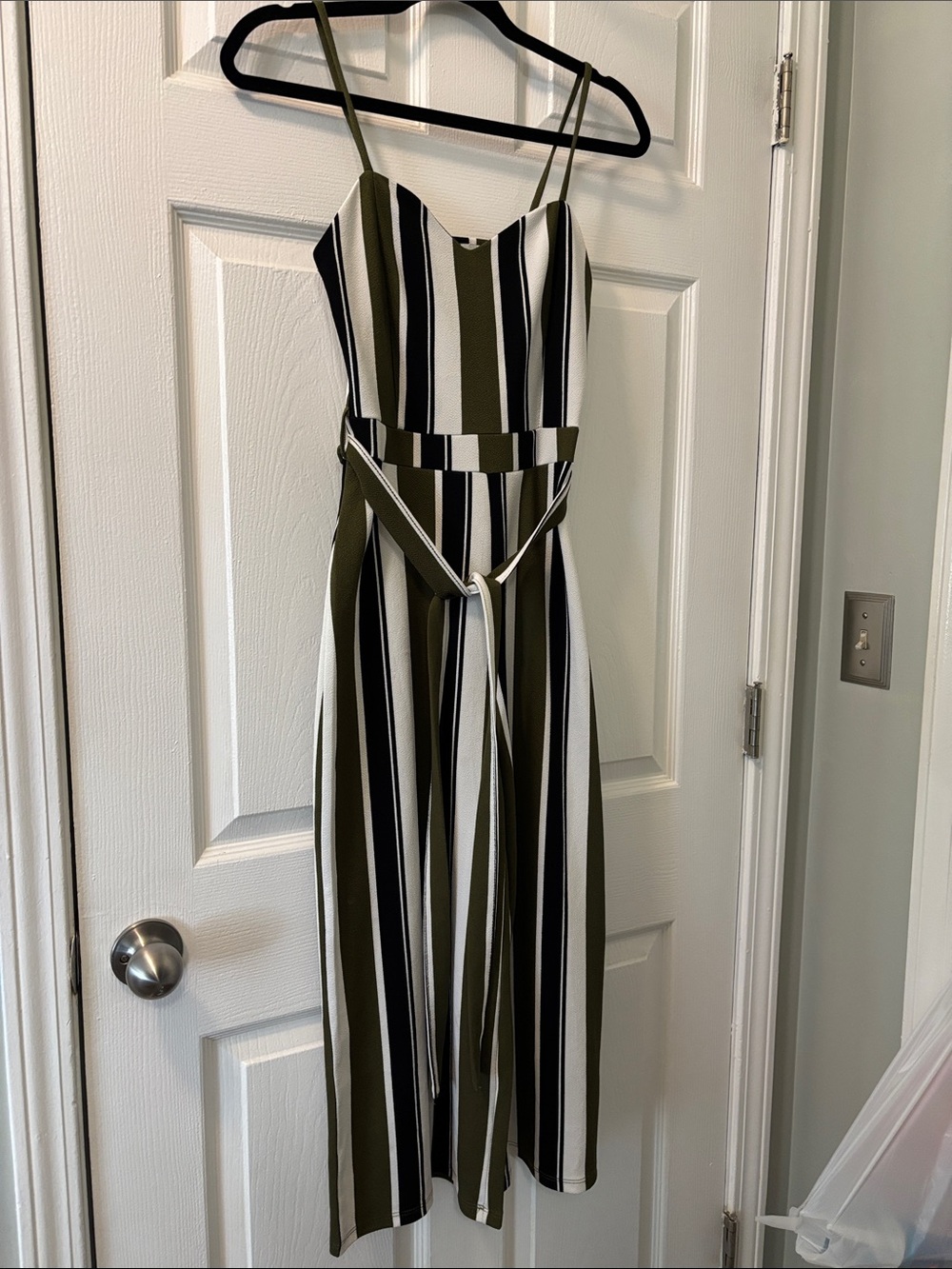 Almost Famous Olive, Black & White Striped Wide-Leg Jumpsuit
